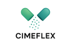 Design de logotipo moderno e minimalista para uma marca de saúde e bem-estar chamada CIMEFLEX. A arte deve incluir uma cápsula aberta nas cores verde e azul-esverdeado, simbolizando alívio e cura, com partículas suaves saindo dela. O nome 