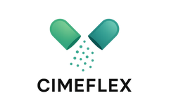 Design de logotipo moderno e minimalista para uma marca de saúde e bem-estar chamada CIMEFLEX. A arte deve incluir uma cápsula aberta nas cores verde e azul-esverdeado, simbolizando alívio e cura, com partículas suaves saindo dela. O nome 