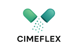 Design de logotipo moderno e minimalista para uma marca de saúde e bem-estar chamada CIMEFLEX. A arte deve incluir uma cápsula aberta nas cores verde e azul-esverdeado, simbolizando alívio e cura, com partículas suaves saindo dela. O nome 